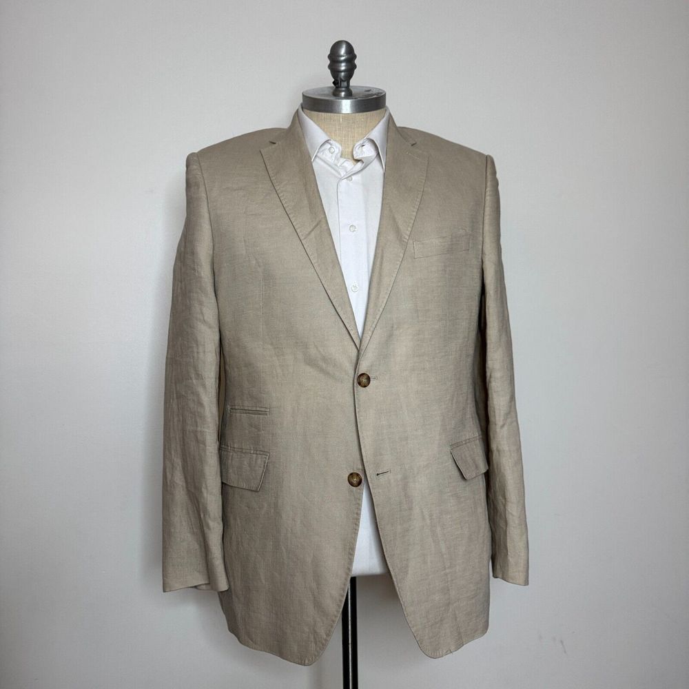 Alan Flusser 44L Blazer Sport Coat Mens Solid Beige 100% Linen